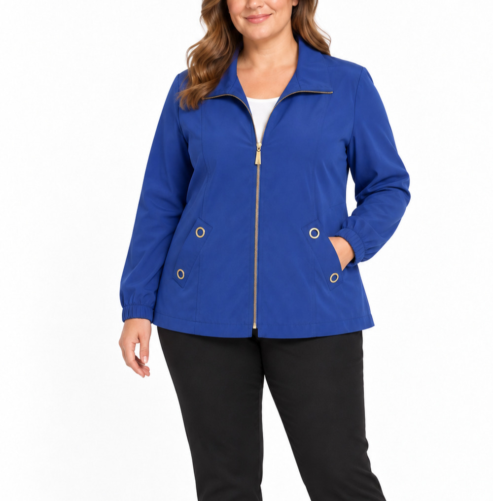 D&D Lifestyle womens 1X Blue Lightweight Full Zip Jacket Gold Grommets